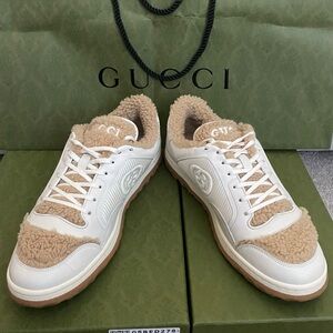Men’s Gucci Cream and White Fur-trimmed Sneakers